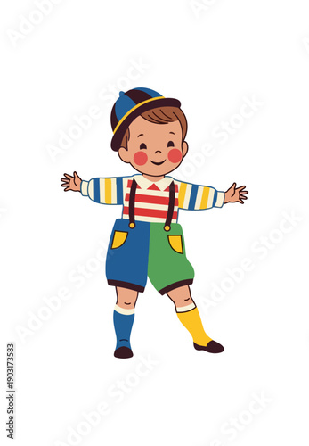 Cartoon boy smiling with open arms in colorful clothing isolated