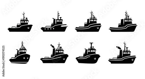 Collection of eight black tugboat silhouettes on a white background.