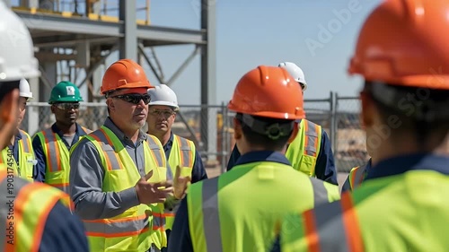 A group of construction workers in safety gear gathered for a briefing on a construction site, conveying teamwork and leadership.