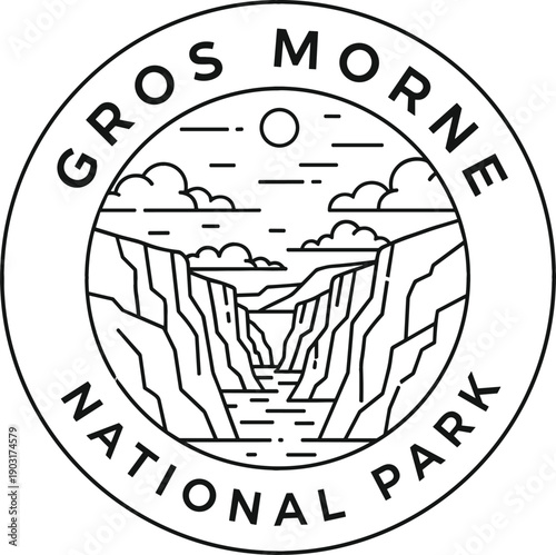 Gros Morne National Park circular emblem design featuring a fjord river landscape with mountain peaks and clouds.