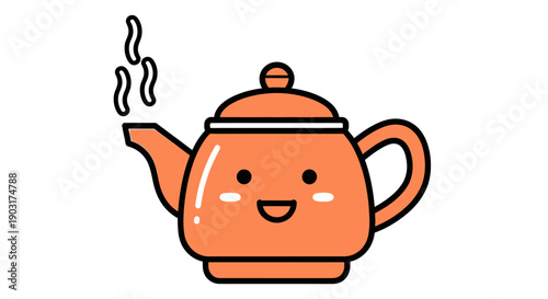 Happy orange cartoon teapot steaming hot beverage illustration on white background cheerful