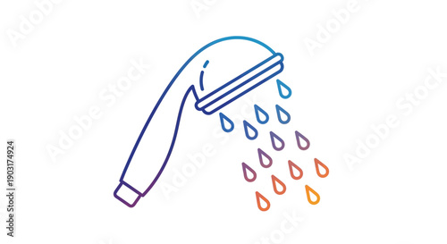 Modern Gradient Line Shower Head Icon with Flowing Water Drops Representing Hygiene and Bathroom