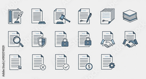 Collection of document icons representing various business and legal concepts.