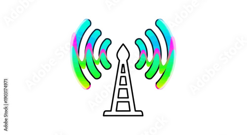 A vibrant graphic illustration depicting a communication tower emitting colorful wireless signals