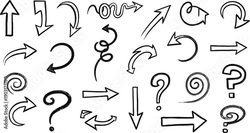Hand drawn sketchy question marks and arrow set for creative brainstorming ideas problem solving and directional guidance