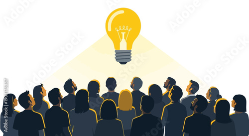 A diverse crowd of people looks upward toward a large, brightly glowing yellow lightbulb symbolizing a shared moment of inspiration and innovative thinking.