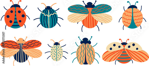 collection decorative trendy hand drawn garden bugs ladybug beetles folk art style vector illustration textile print modern web design