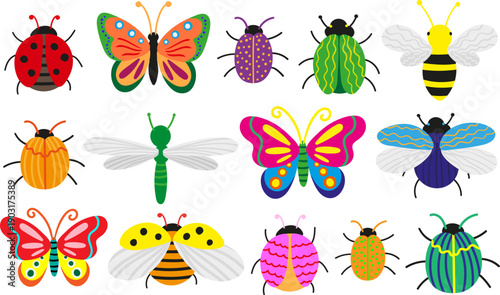 set of colorful hand drawn insects and butterflies isolated background flat vector bug elements for kids web design