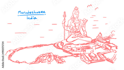 Hand drawn illustration of Murudeshwara temple. Pink color. Design. Features detailed architecture, sacred heritage, and iconic design for travel, culture, and artistic projects