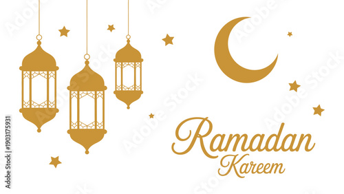 Ramadan Kareem festive vector illustration with golden crescent moon, ornate lanterns, stars, and elegant decorative text for Islamic holy month greetings