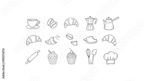 Set of Coffee Shop and Cafe Food Icons with Beverages, Snacks, Dessert, and Restaurant Menu Elements in Flat Vector Style.