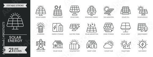 Solar energy outline icon set. Containing  renewable energy, solar panel, net zero, charging, battery, electricity, green, sustainable and more. Editable stroke symbols pack. Vector illustration