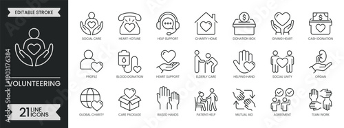 Volunteering outline icon set. Containing helping hands, support, care, heart, donation, community, unity, group, teamwork, charity, love and more. Editable stroke symbols pack. Vector illustration