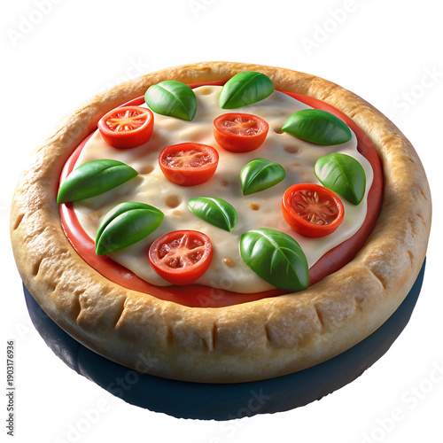 A whole pizza with tomato slices and basil leaves on a dark background. Freshly baked. round pizza with toppings and an inviting appearance.