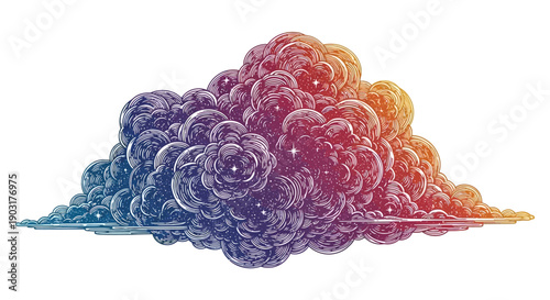 Vibrant gradient cloud illustration featuring a hand-drawn artistic style and twinkling star-like