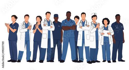A diverse group of dedicated healthcare professionals, including doctors, nurses, and medical staff, standing together to show appreciation and commitment to patient care.