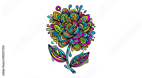 Vibrant doodle flower with intricate patterns and bright colors on a white background, artistic