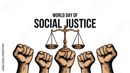 World Day of Social Justice vector illustration with raised fists beneath balanced scales symbolizing equality, fairness, solidarity, and human rights