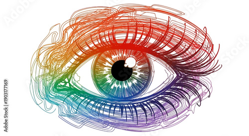 Vibrant artistic eye illustration with rainbow spectrum color palette and intricate scribbled