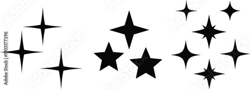 Set of star silhouettes and sparkle icons with four five and eight pointed shapes for magic and celestial vector illustration design.