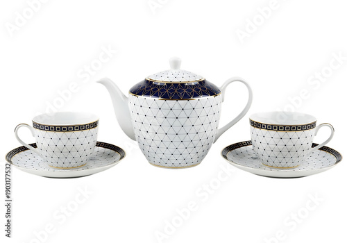 Modern porcelain tea set with white and dark blue geometric pattern including teapot and two cups on saucers