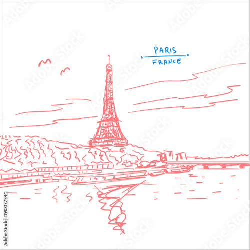 Hand drawn vector illustration of Eiffel Tower in Paris. Pink color. Iconic France landmark sketch for tourism travel graphics. Romantic cityscape symbol artwork.
