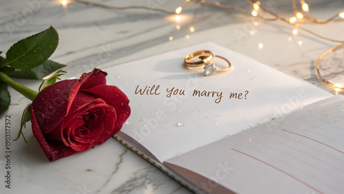 Red rose wedding proposal ring box with will you marry me text isolated on transparent background