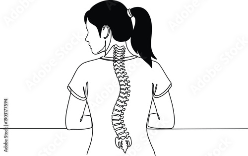 Human spine anatomy line art illustration of a woman with emphasis on vertebral column for orthopedic health