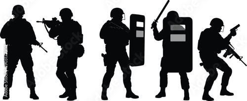 Tactical police silhouettes, armed officers with shields batons and rifles, riot control formation, special forces law enforcement unit, isolated black illustration