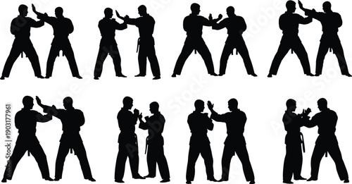 Silhouette, martial, arts, fighters, karate, sparring, training, techniques, self, defense, partner, practice, combat, stances, collection, isolated, white, background, discipline, illustration