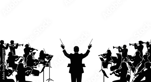 Silhouette of a classical music conductor leading an orchestra featuring musicians playing violins and trumpets in a dynamic performance setting