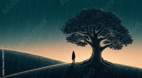 silhouette of an alone woman in a tree