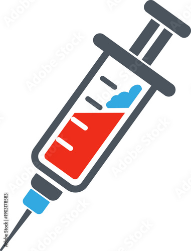 Medical Syringe Injection Icon with Blood Drop, Flat Vector Illustration