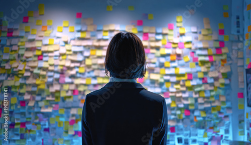 A woman stands in front of a colorful wall of sticky notes, deep in thought about her ideas.