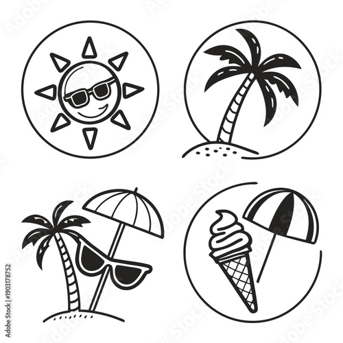 Black line art illustrations of summer icons including sun, palm tree, beach and ice cream