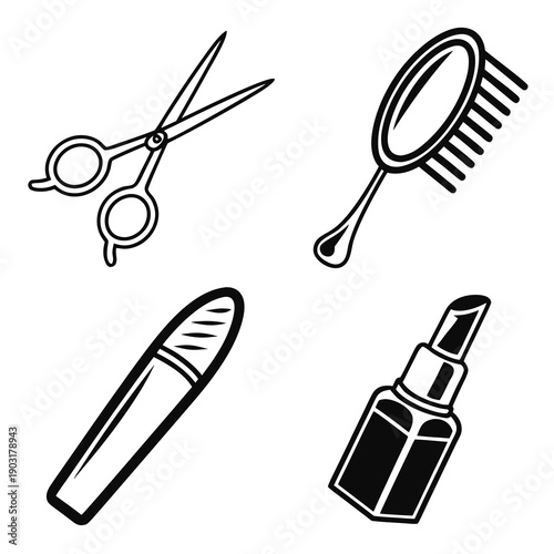 Black and white illustration of beauty tools and cosmetics