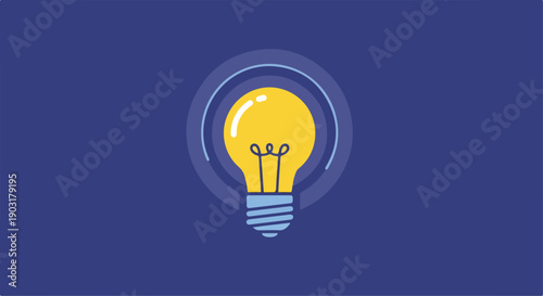 Bright yellow light bulb vector icon with blue base and glowing aura on a dark blue background