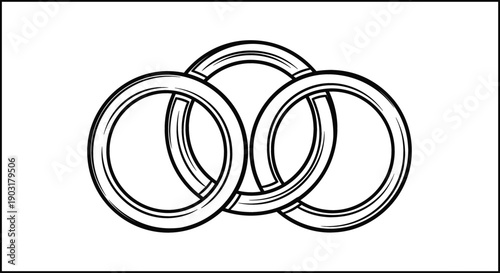 Minimalist continuous line drawing of three interlocking rings representing unity partnership marriage and eternal connection vector illustration