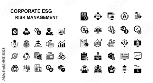ESG Corporate Risk Management Icons Set: Finance, Strategy, Compliance, Growth