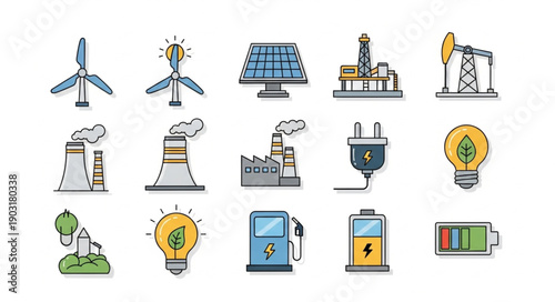 Collection of energy and industry icons with renewable and traditional sources.