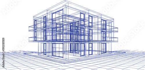 Modern residential building architectural blueprint wireframe with perspective structural layout on grid background blue line vector illustration