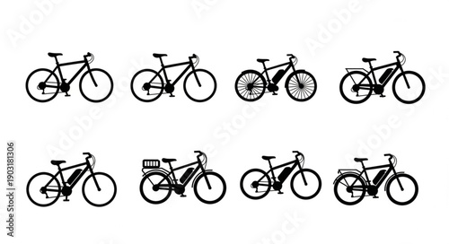 Collection of Electric Bicycle Silhouettes on White Background.