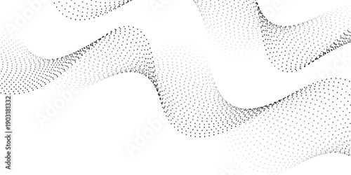 PrintFlowing dot particles wave pattern halftone black gradient smooth curve shape isolated on transparent background. Vector in concept of technology, science, music, modern