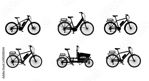 Collection of Electric Bicycle Silhouettes on White Background.