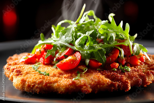 Wallpaper Mural Large Veal Milanese Cutlet Isolated on White Background with Fresh Arugula and Cherry Tomatoes Garnish Torontodigital.ca
