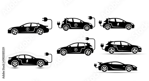 Collection of electric cars charging with power plugs.
