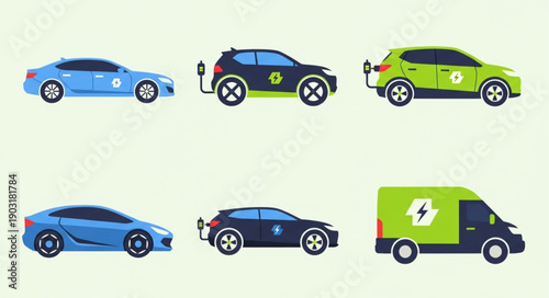 Collection of Electric Vehicles Charging and Ready to Drive.