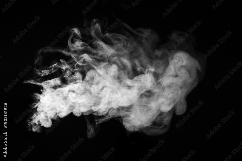 Ταπετσαρία White hot horizontal curly steam smoke isolated on black background