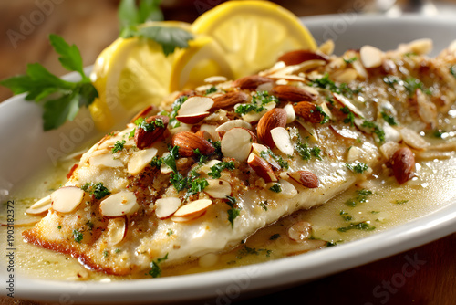 Wallpaper Mural Delicious Rainbow Trout Amandine Fillet Served with Almonds and Fresh Parsley on White Plate Torontodigital.ca