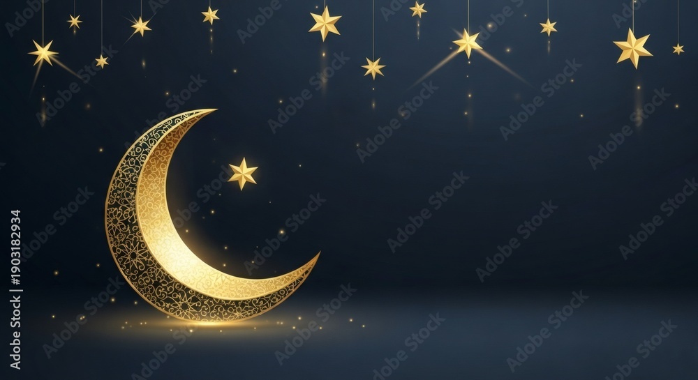 Naklejka premium Luxury ramadan background with gold moon and stars, dark navy color, premium style
